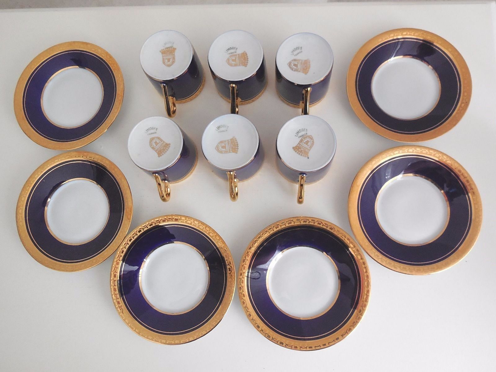 VINTAGE FRENCH 6 CUPS & SAUCERS SET signed LIMOGES LA SEYNIE -BLUE COBALT & GOLD