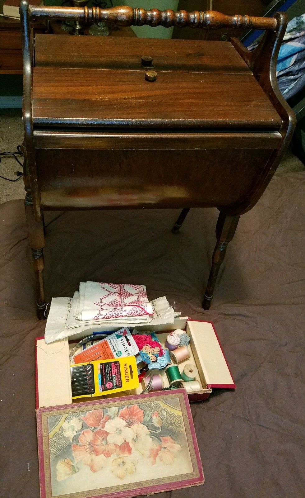 Antique Vintage Stained Wood Sewing Storage Sofa Table Cabinet + Lot of Notions