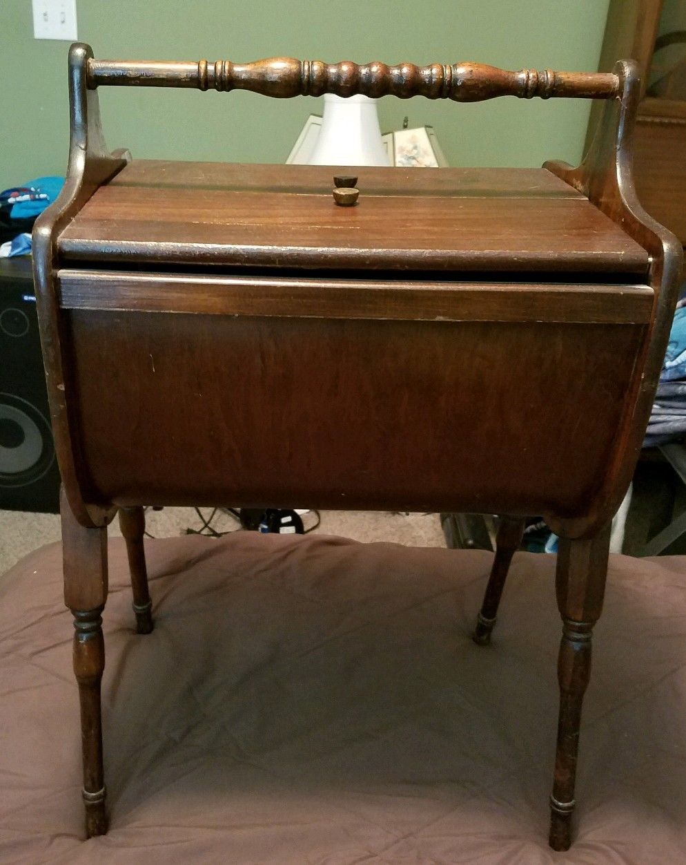 Antique Vintage Stained Wood Sewing Storage Sofa Table Cabinet + Lot of Notions