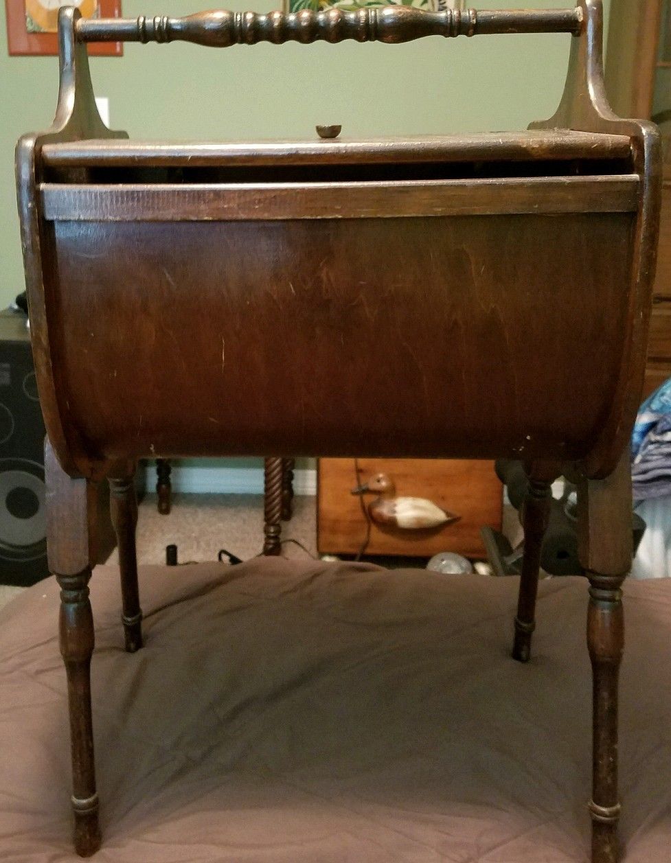 Antique Vintage Stained Wood Sewing Storage Sofa Table Cabinet + Lot of Notions