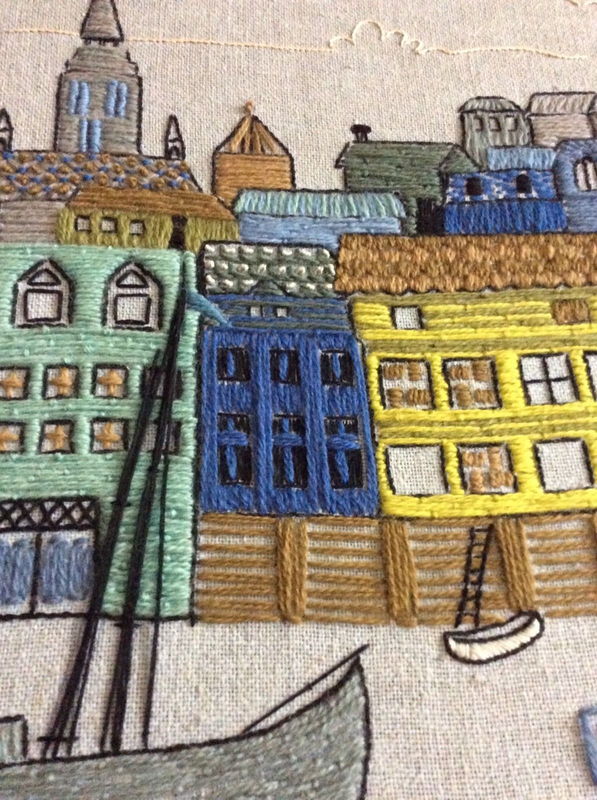 Vintage 60s Mid Century Modern Needlework YARN TEXTILE Wall Art City Buildings