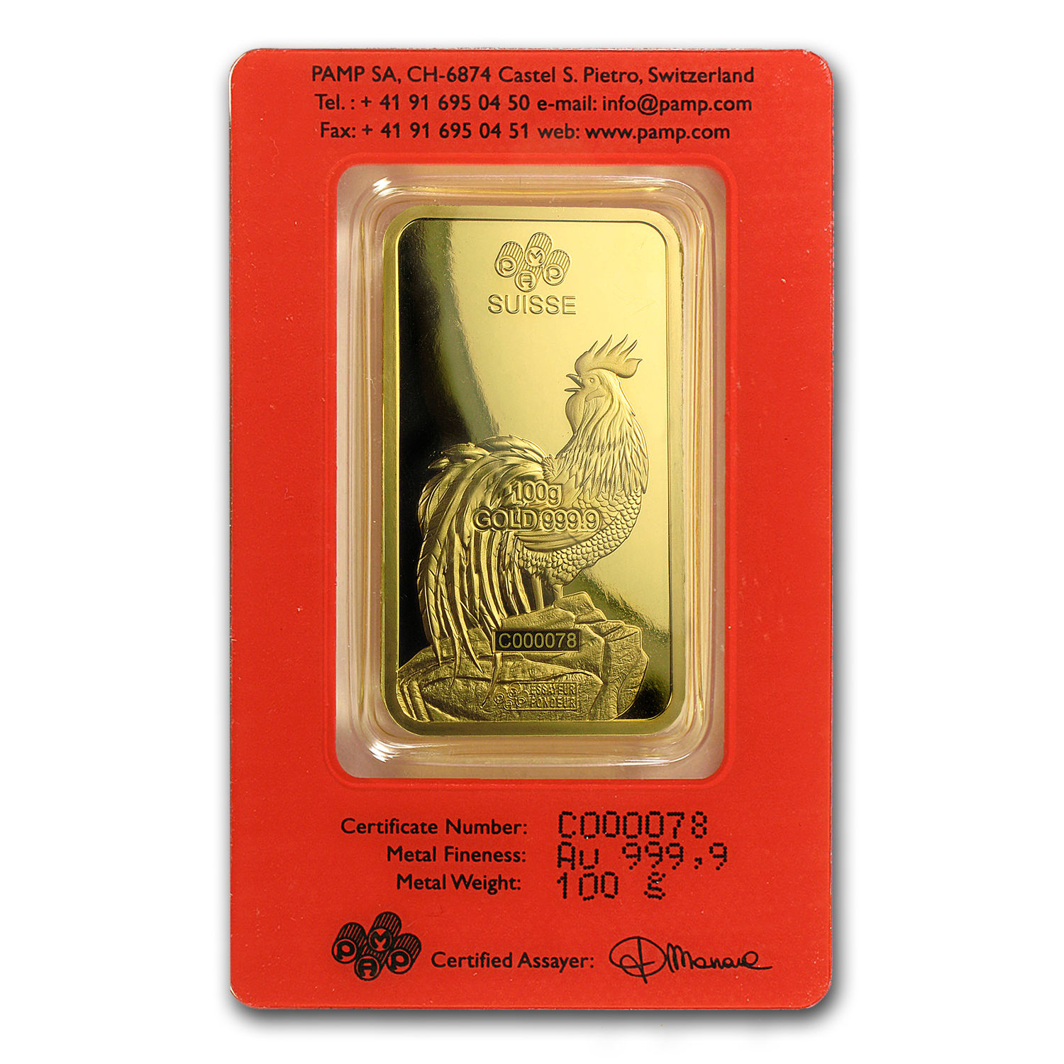 100 gram Gold Bar - PAMP Suisse Year of the Rooster (In Assay) - SKU #104121