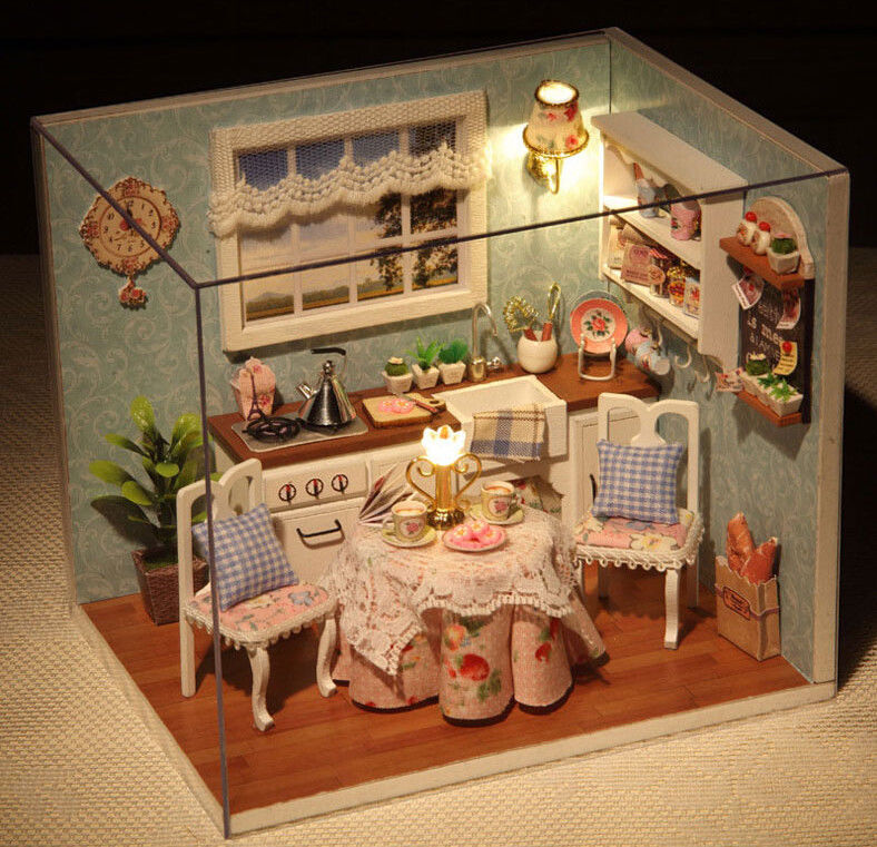 Dollhouse Miniature DIY Kit with Cover LED Wood Toy Dolls House Room Model Gift