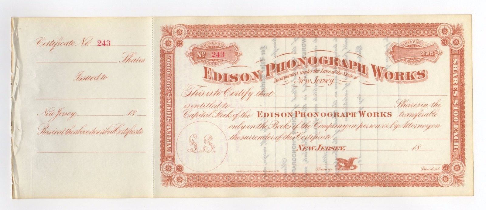 Edison Phonograph Works Stock Certificate