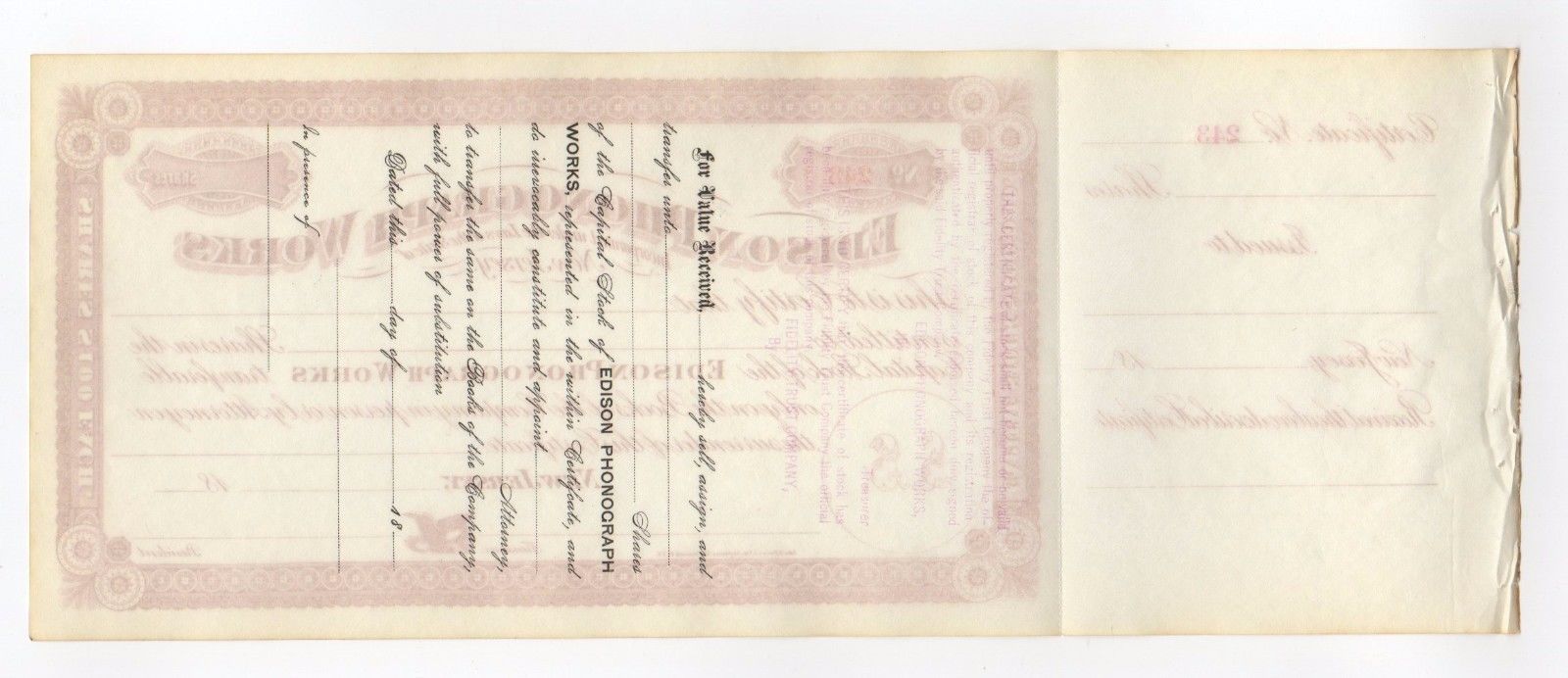 Edison Phonograph Works Stock Certificate