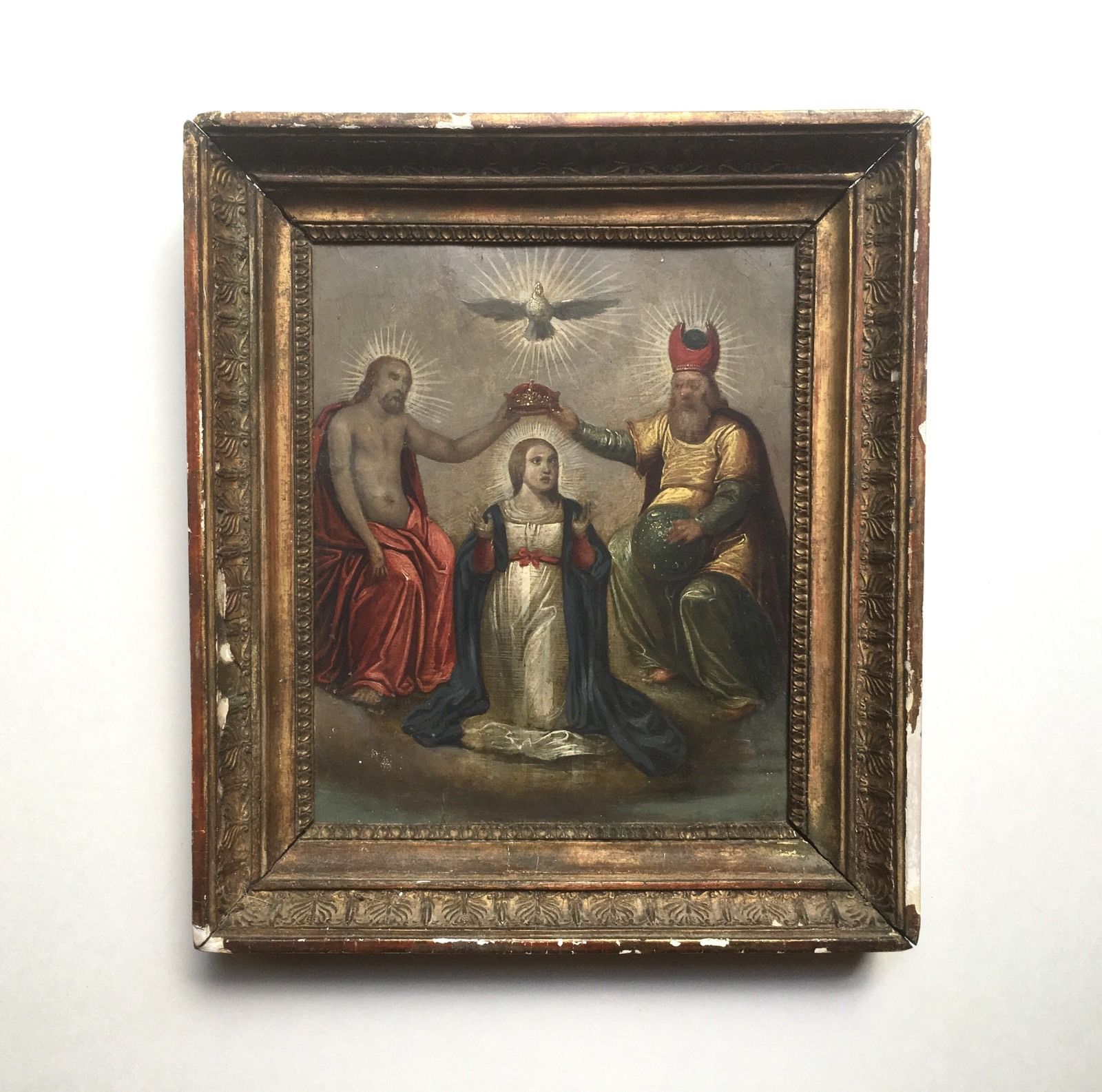 Fine Antique Retablo Oil Painting on Tin Coronation of Virgin Mary, Catholic Art