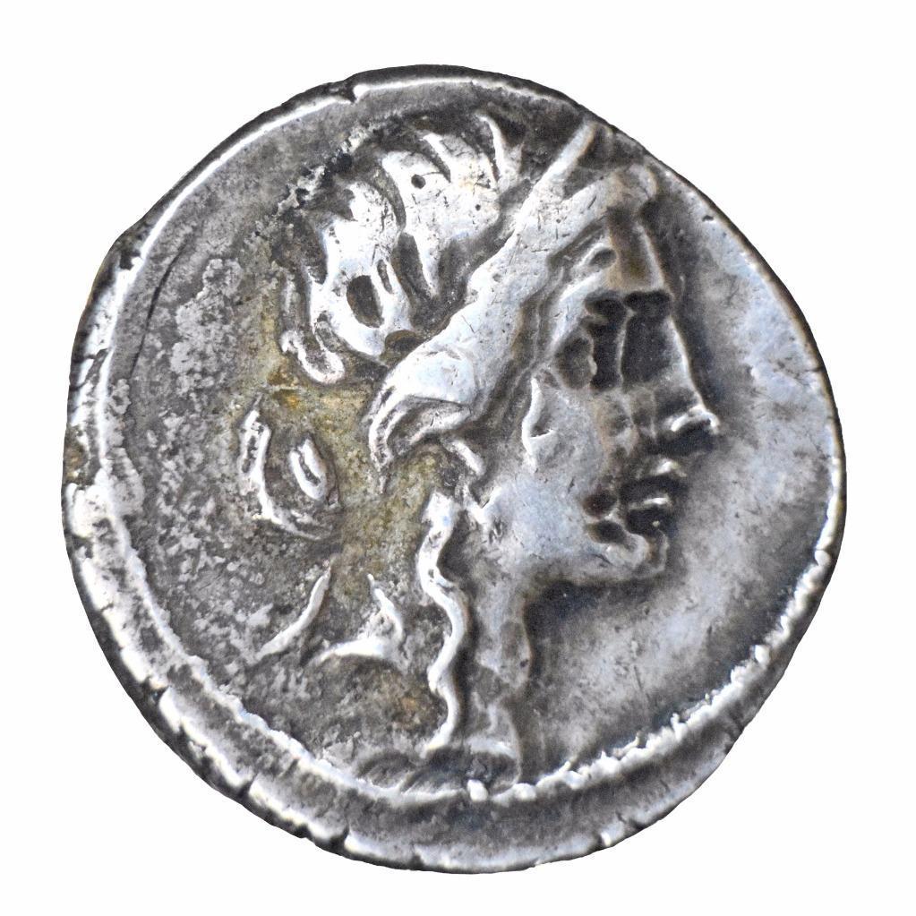 Julius Caesar silver denarius military mint travelling with Caesar 48 BC.