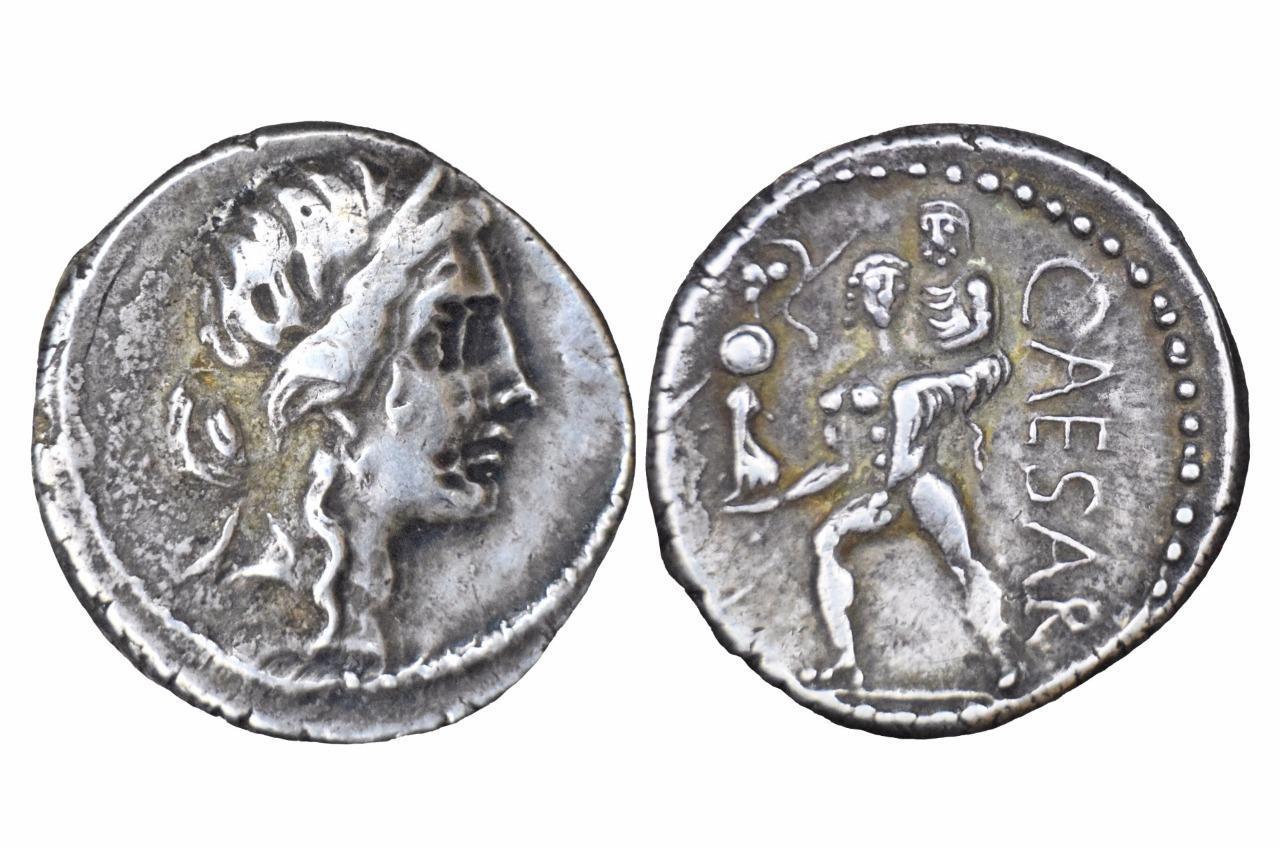 Julius Caesar silver denarius military mint travelling with Caesar 48 BC.