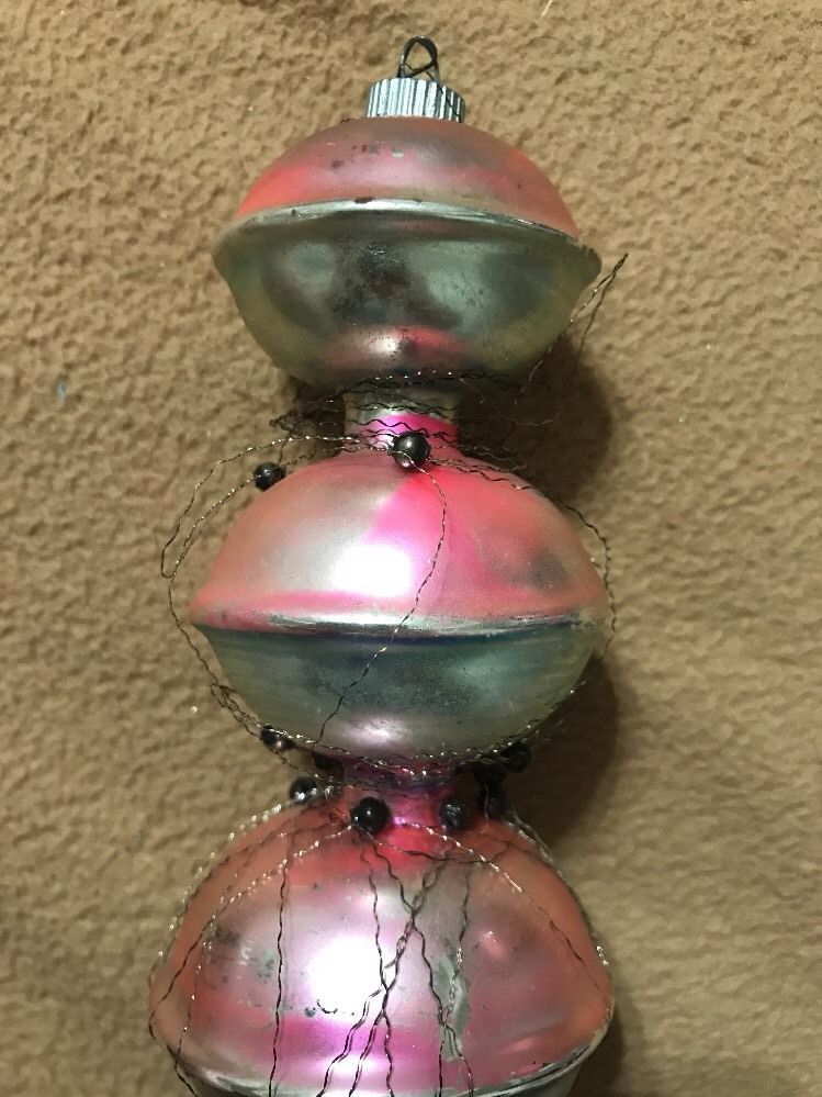 SHINY BRITE Wire Wrapped Pink Trio Glass Christmas Ornament Vintage