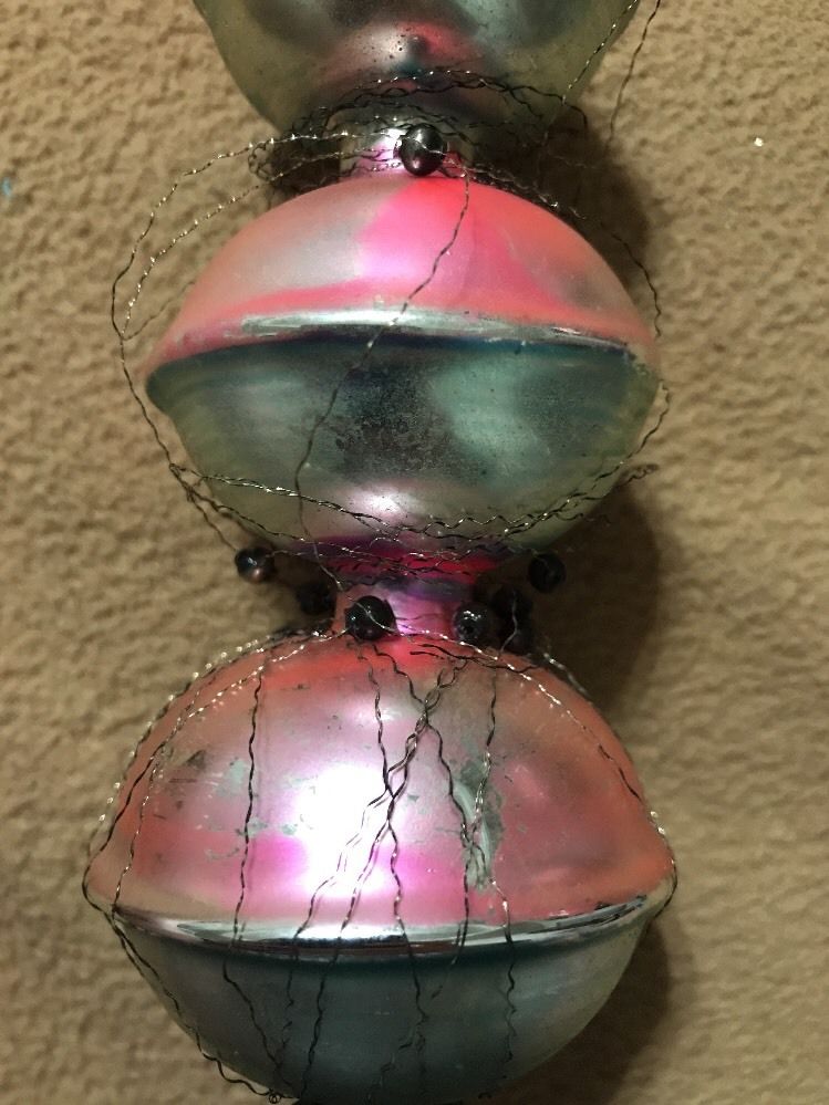 SHINY BRITE Wire Wrapped Pink Trio Glass Christmas Ornament Vintage