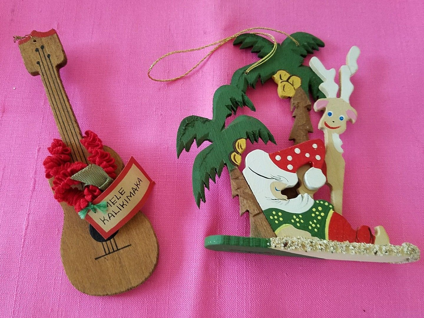 2 Vintage Emgee Hawaii 1970's Wooden Santa sleeping tree Christmas Ornament