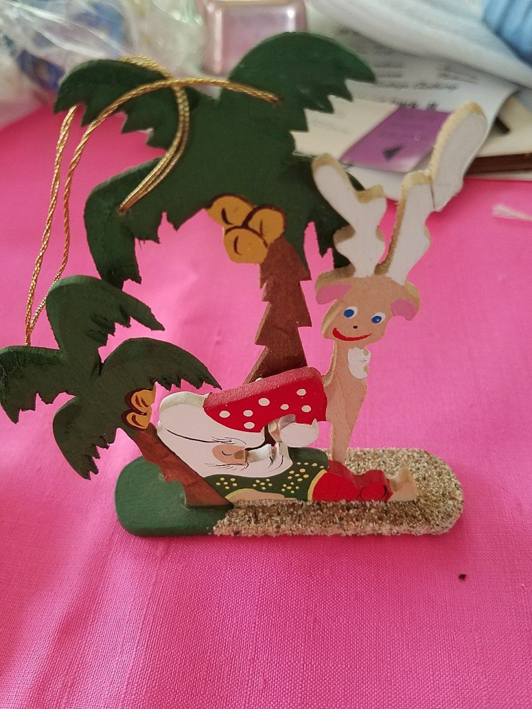 2 Vintage Emgee Hawaii 1970's Wooden Santa sleeping tree Christmas Ornament