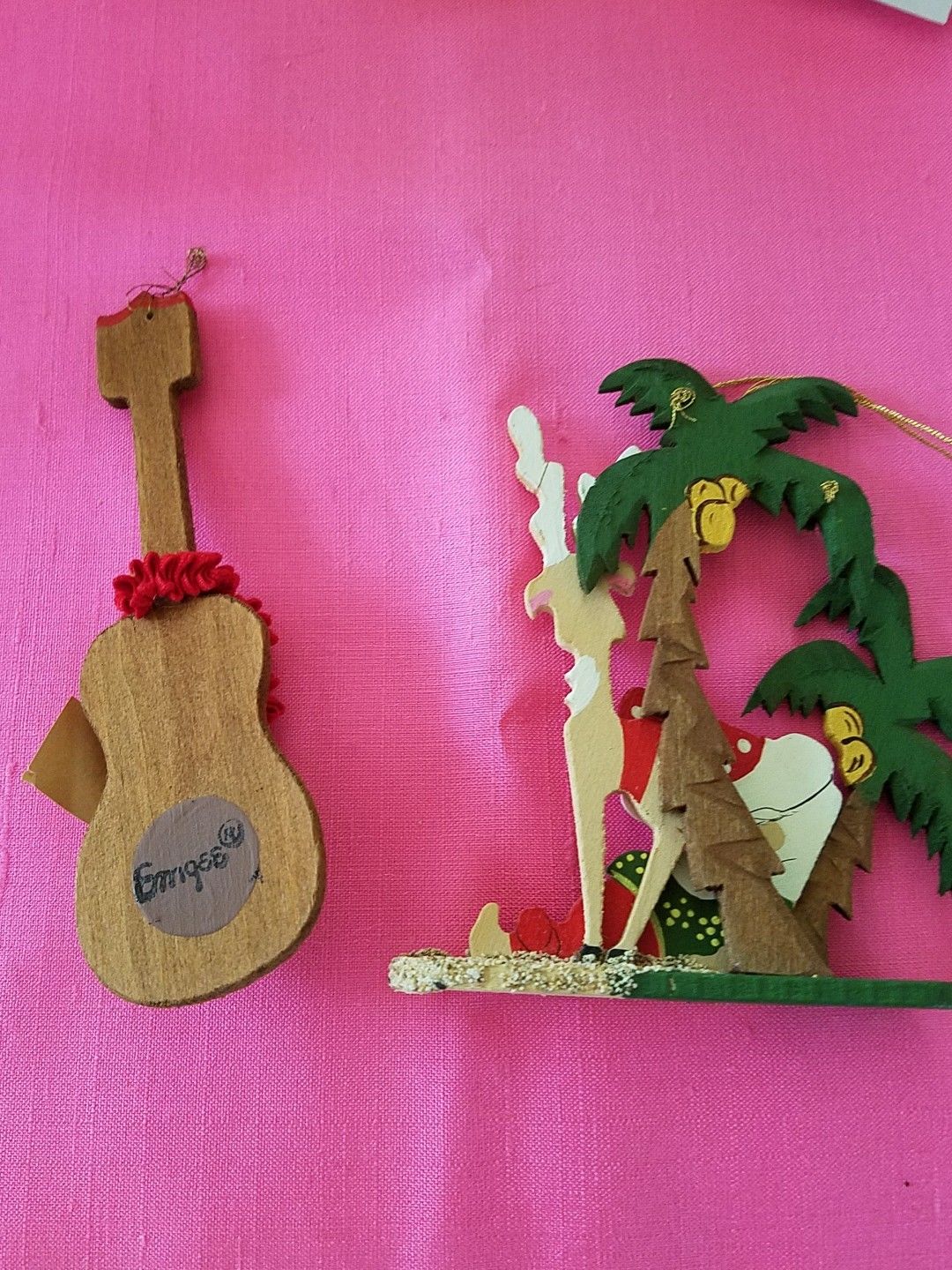 2 Vintage Emgee Hawaii 1970's Wooden Santa sleeping tree Christmas Ornament