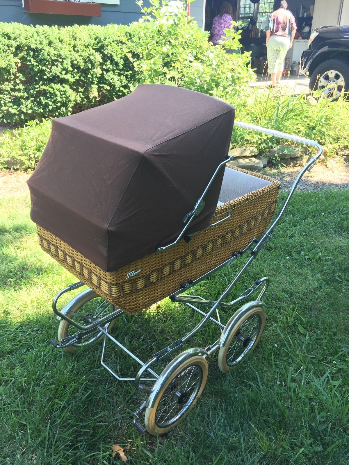 Vintage Italian Perego Baby Carriage, Wicker and Chocolate Brown Canopy