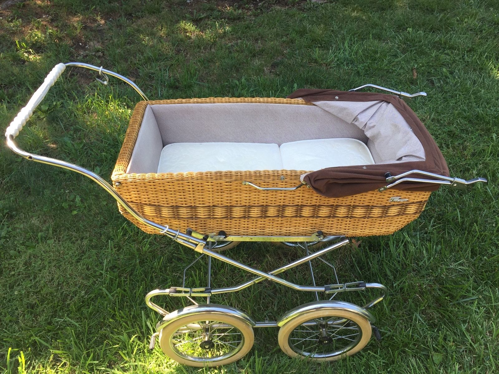 Vintage Italian Perego Baby Carriage, Wicker and Chocolate Brown Canopy