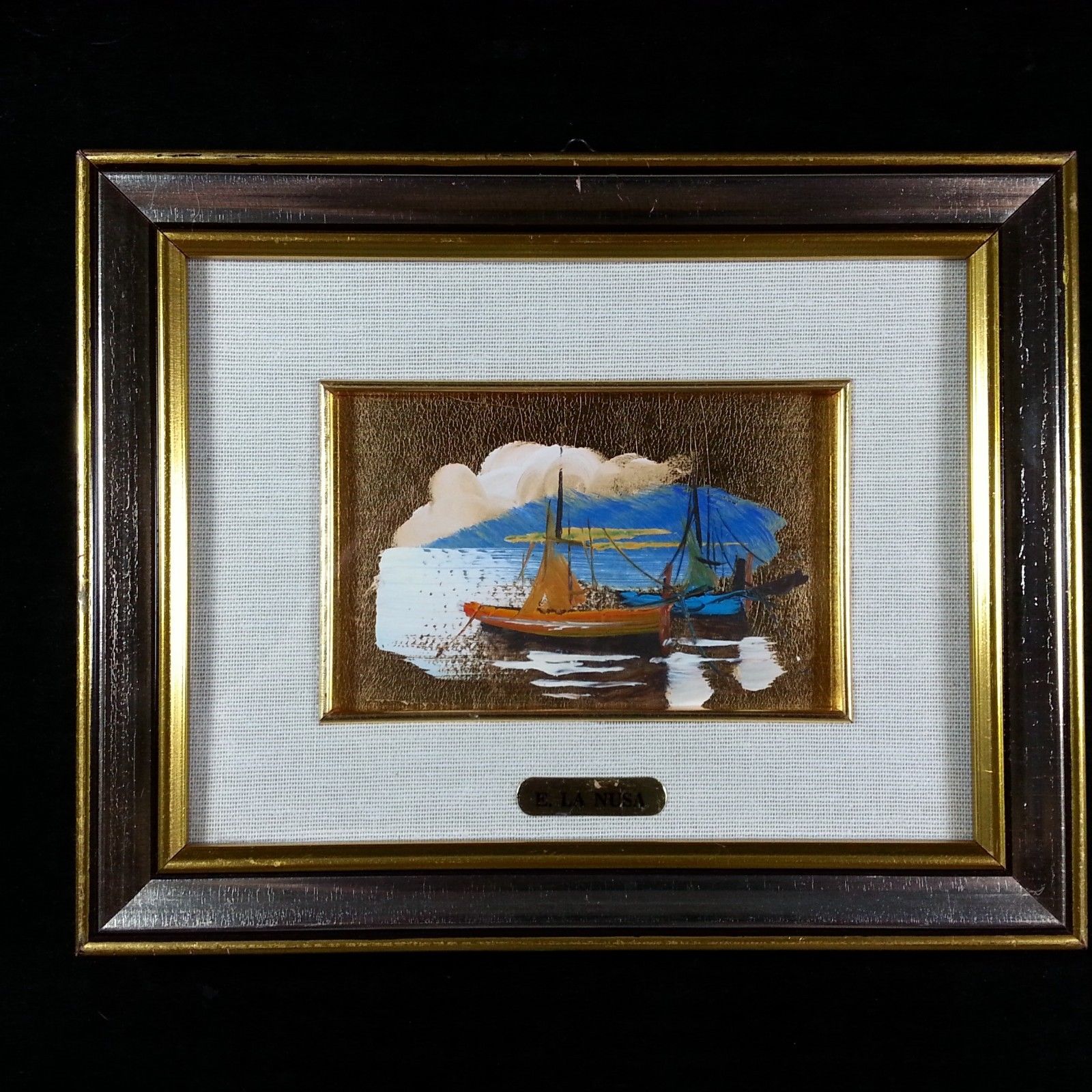 Small Nautical E. La Nusa Original Vintage Gold Foil Framed Art Oil Painting