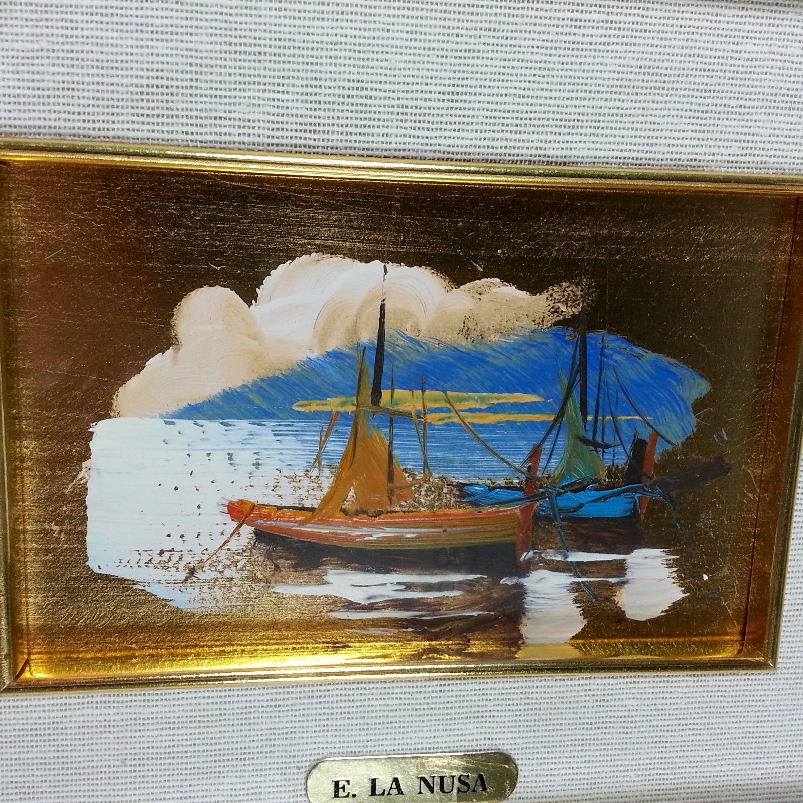 Small Nautical E. La Nusa Original Vintage Gold Foil Framed Art Oil Painting