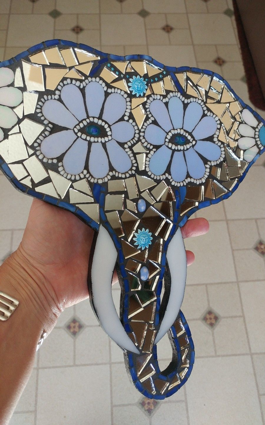 mosaic art elephant aztec glass mirror plaque wall hanging handcrafted diy