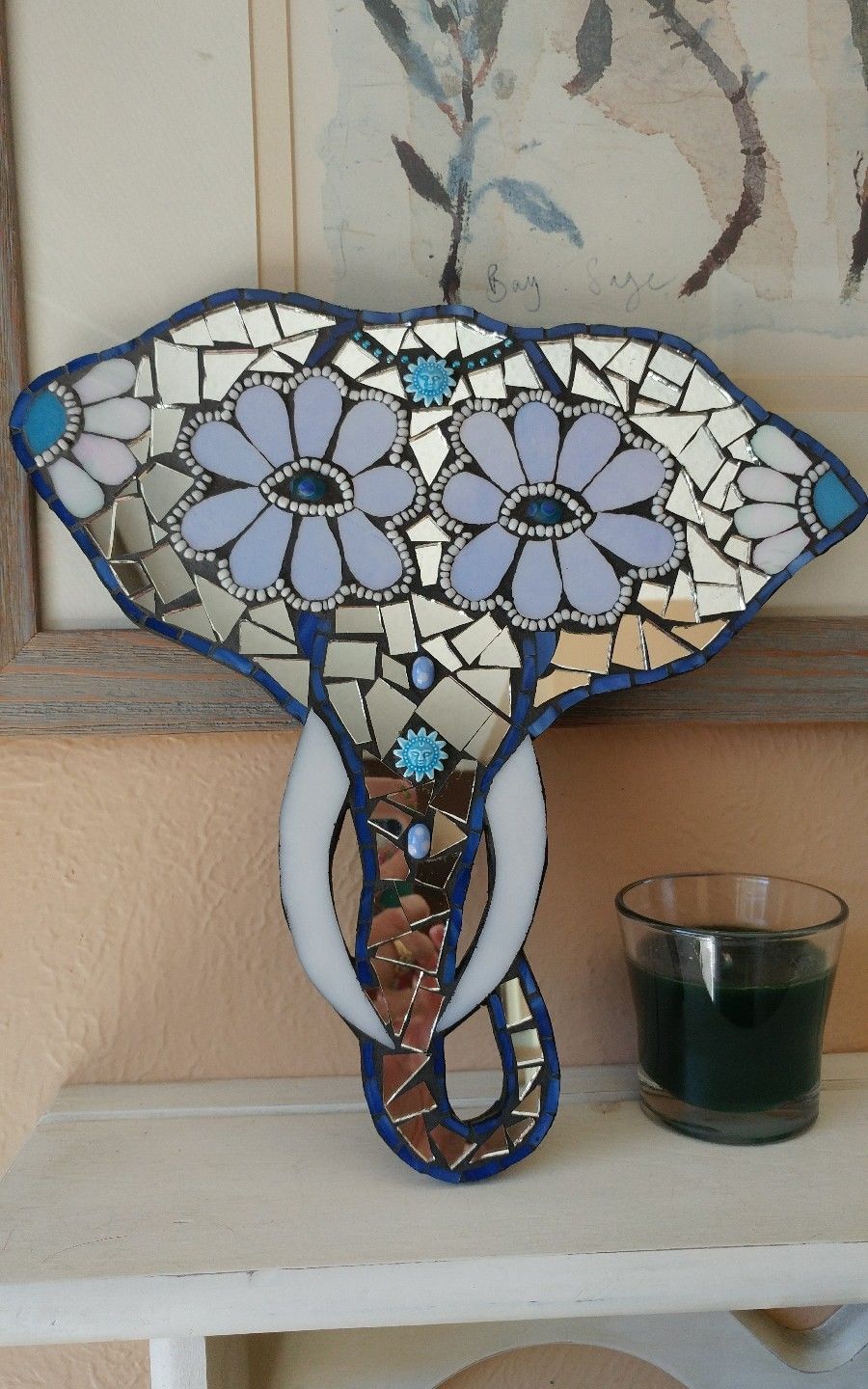 mosaic art elephant aztec glass mirror plaque wall hanging handcrafted diy