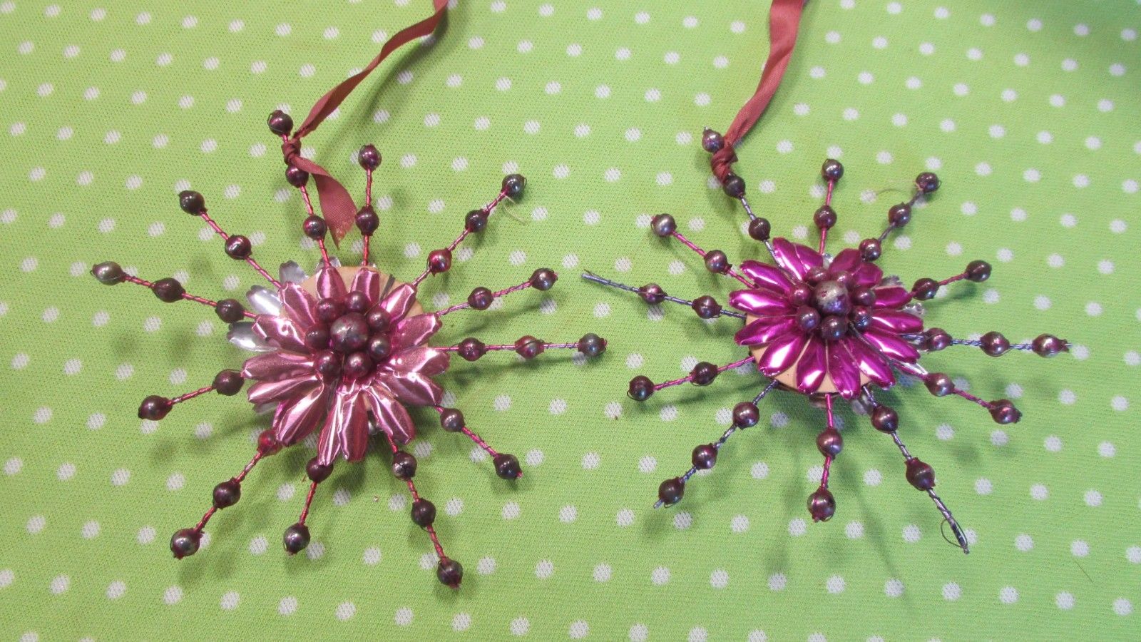 2 Large Antique Pink Mercury Glass Foil Snowflake Christmas Ornaments 5" RARE!