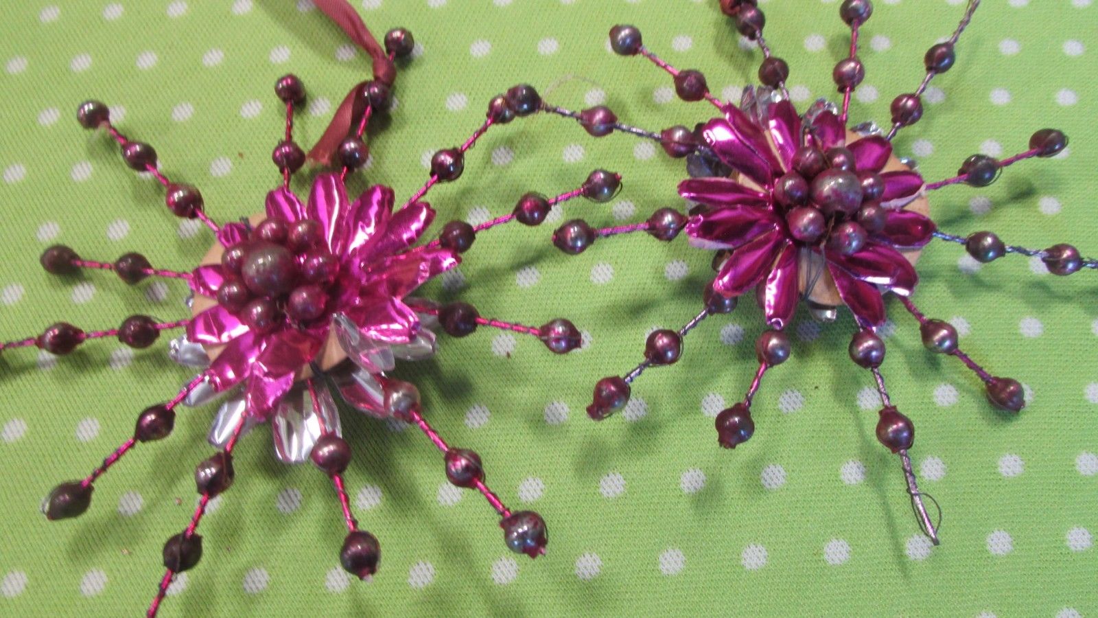 2 Large Antique Pink Mercury Glass Foil Snowflake Christmas Ornaments 5" RARE!