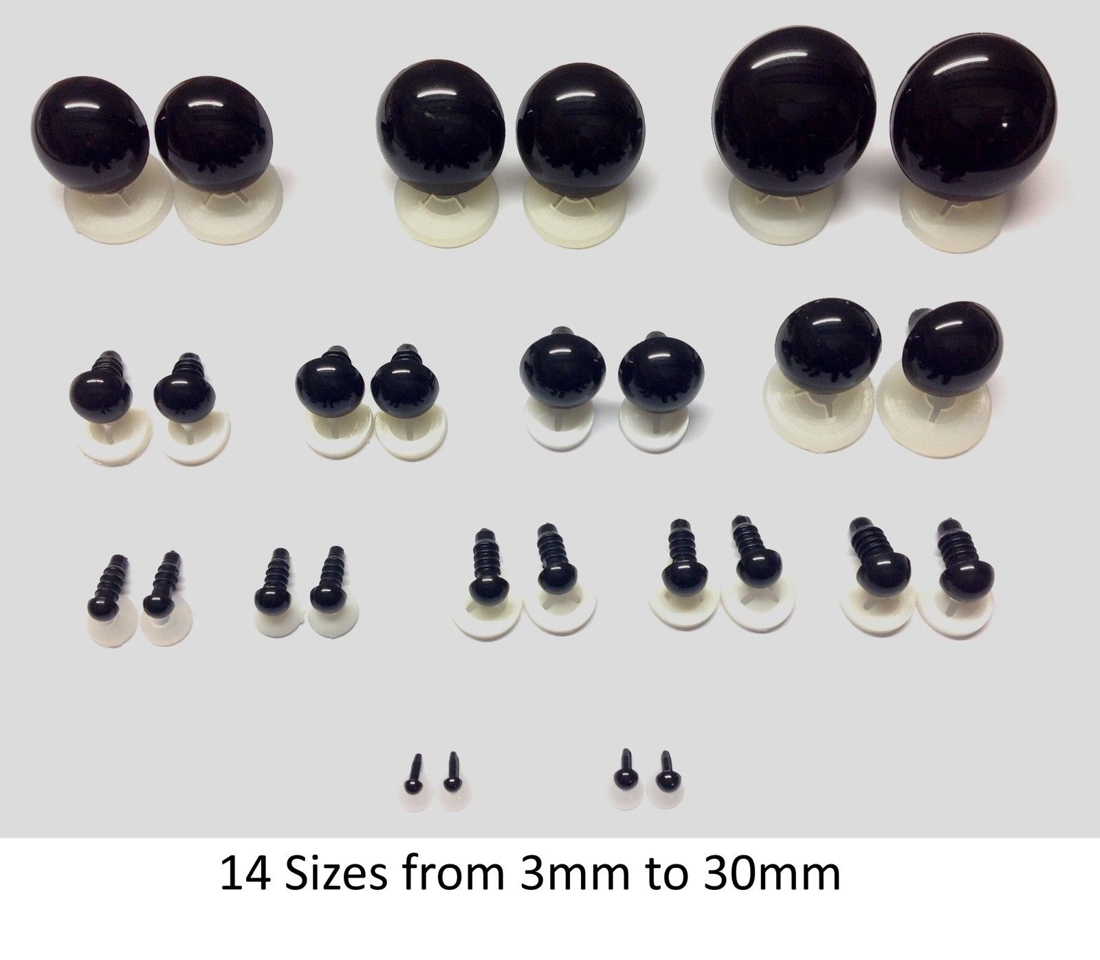 MIXED SIZE PACKS of Solid Black Plastic Back Eyes for Teddy Bear Soft Toy Doll