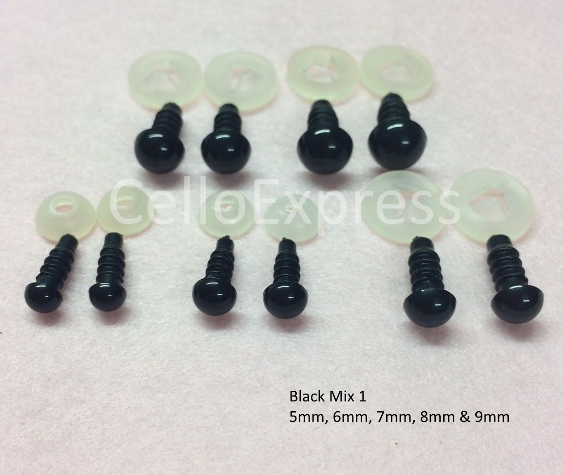 MIXED SIZE PACKS of Solid Black Plastic Back Eyes for Teddy Bear Soft Toy Doll