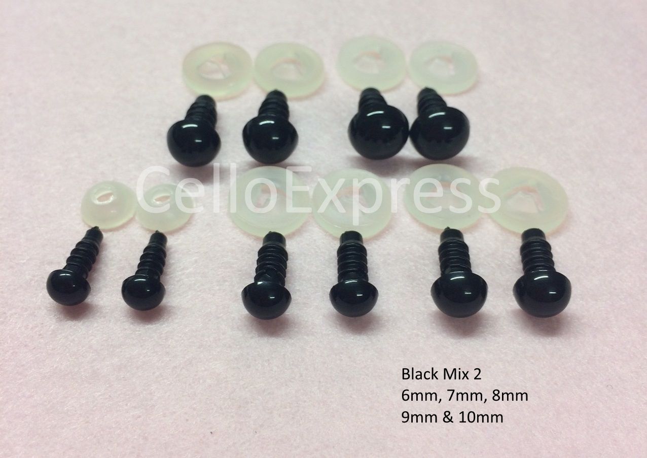 MIXED SIZE PACKS of Solid Black Plastic Back Eyes for Teddy Bear Soft Toy Doll