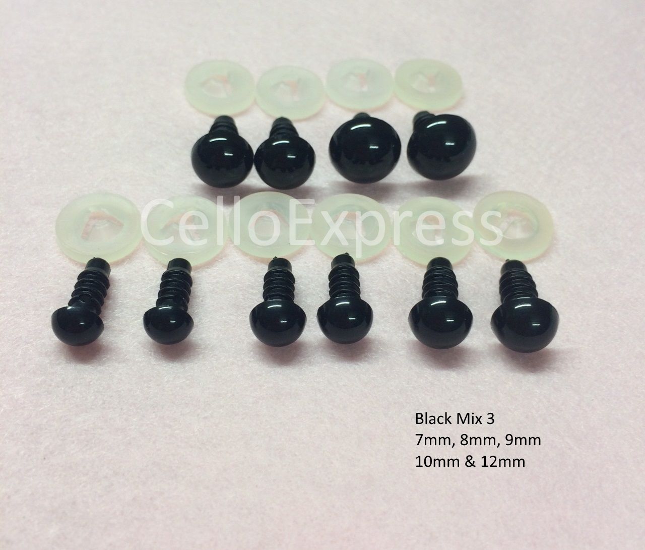 MIXED SIZE PACKS of Solid Black Plastic Back Eyes for Teddy Bear Soft Toy Doll