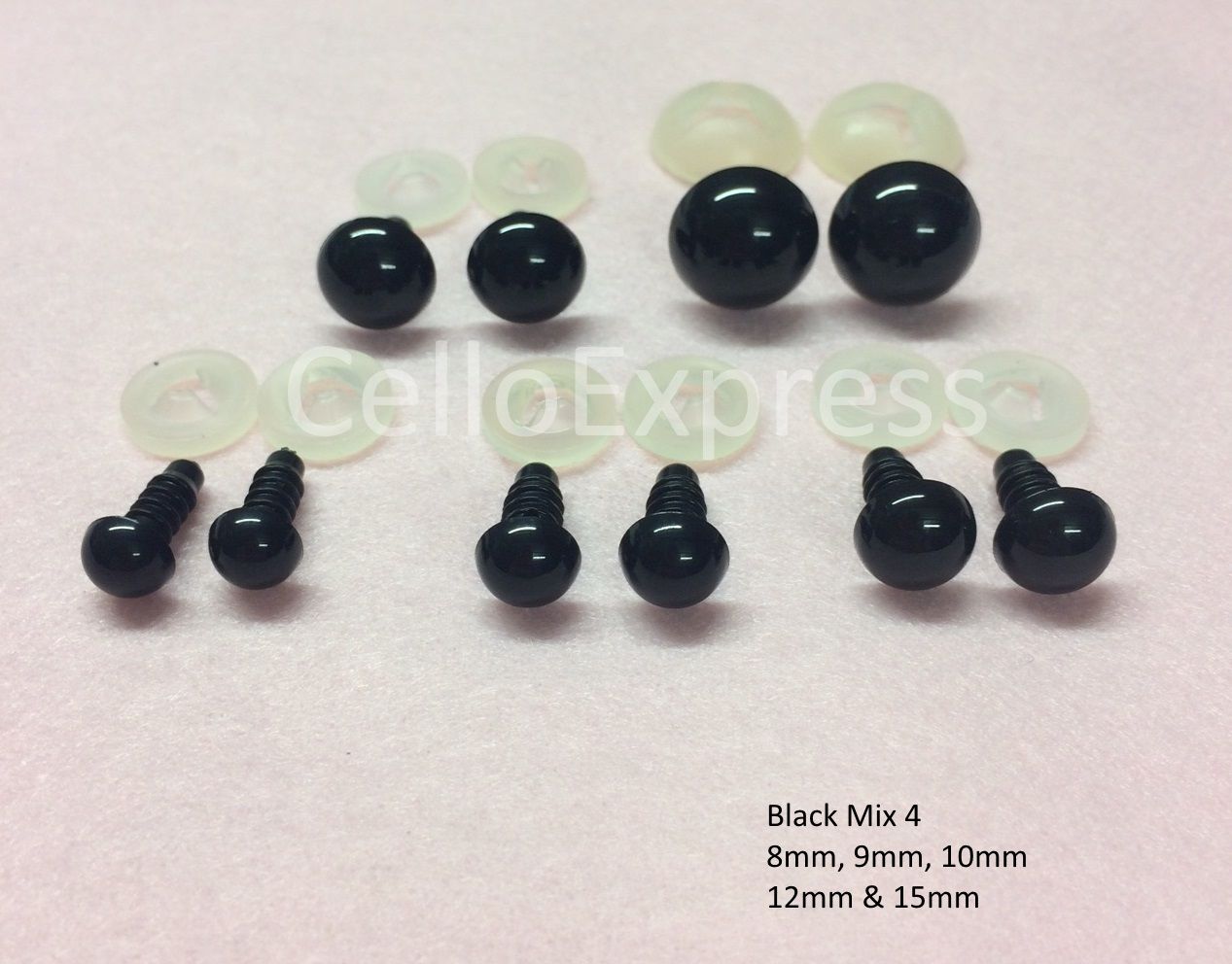 MIXED SIZE PACKS of Solid Black Plastic Back Eyes for Teddy Bear Soft Toy Doll