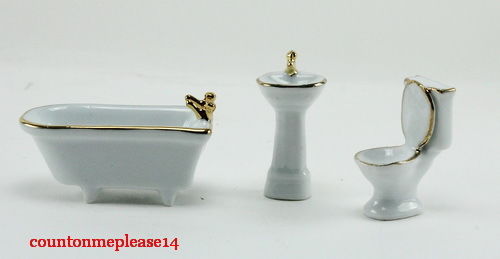 Bathroom Set Dollhouse Miniatures Porcelain white gold Furniture& Room item 1:12