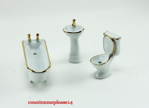 Bathroom Set Dollhouse Miniatures Porcelain white gold Furniture& Room item 1:12