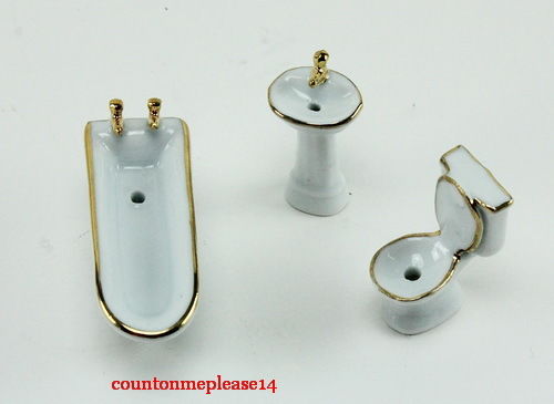 Bathroom Set Dollhouse Miniatures Porcelain white gold Furniture& Room item 1:12