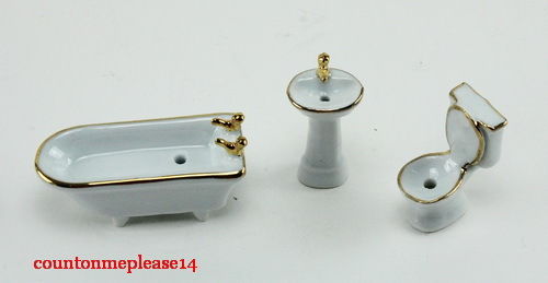 Bathroom Set Dollhouse Miniatures Porcelain white gold Furniture& Room item 1:12