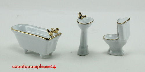 Bathroom Set Dollhouse Miniatures Porcelain white gold Furniture& Room item 1:12