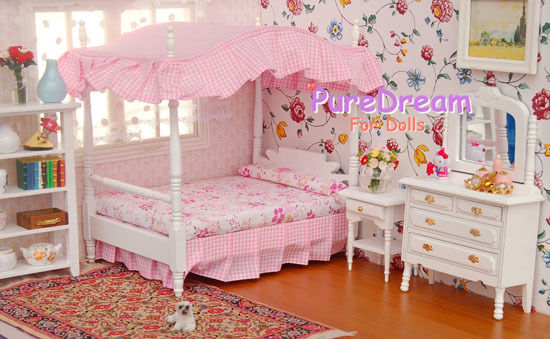 1:12 Dollhouse Miniature Bedroom Furniture Canopy Bed Dresser 3PCS WB002