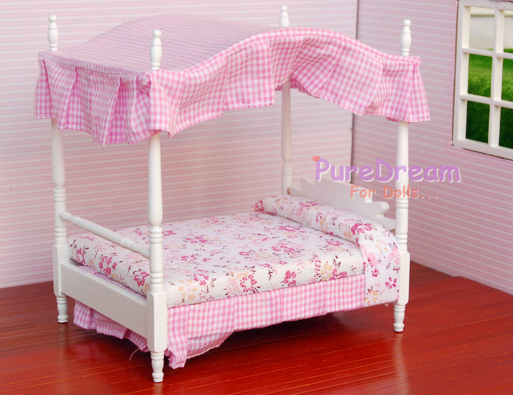 1:12 Dollhouse Miniature Bedroom Furniture Canopy Bed Dresser 3PCS WB002