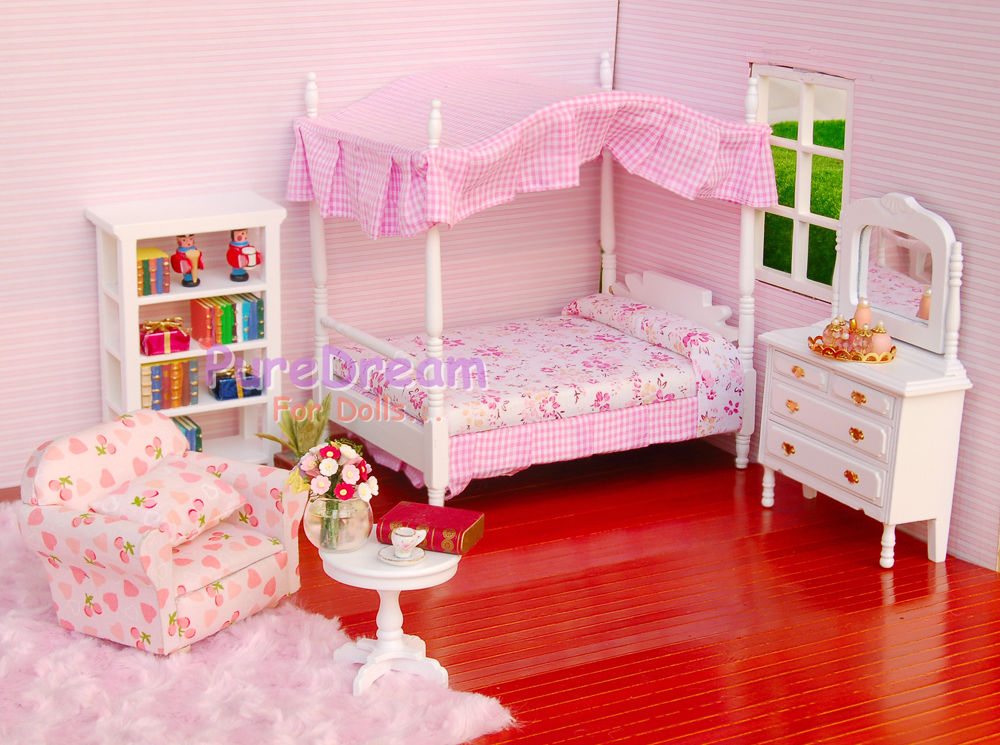 1:12 Dollhouse Miniature Bedroom Furniture Canopy Bed Dresser 3PCS WB002