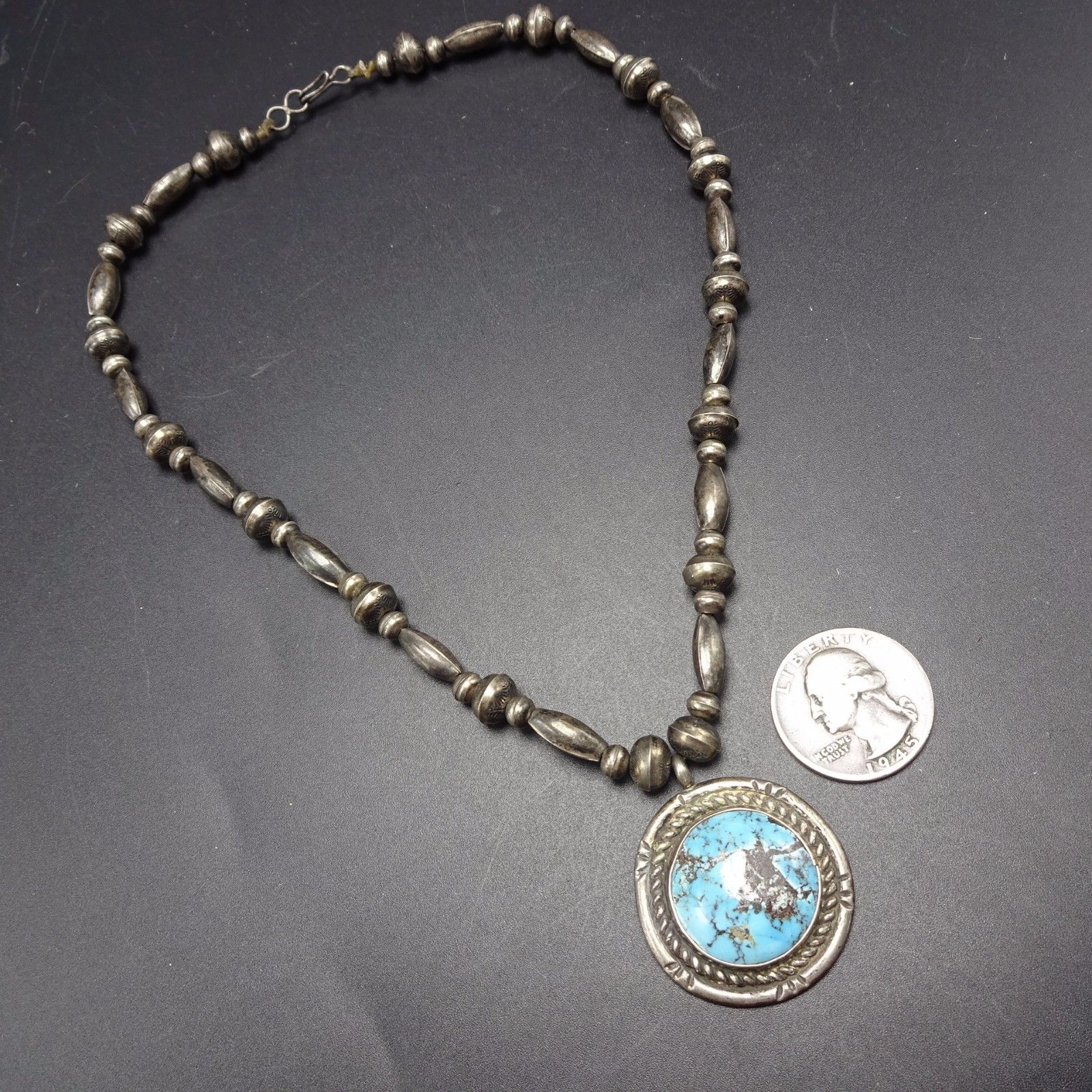 Vintage NAVAJO Sterling Silver  Navajo Pearls & Bisbee TURQUOISE NECKLACE