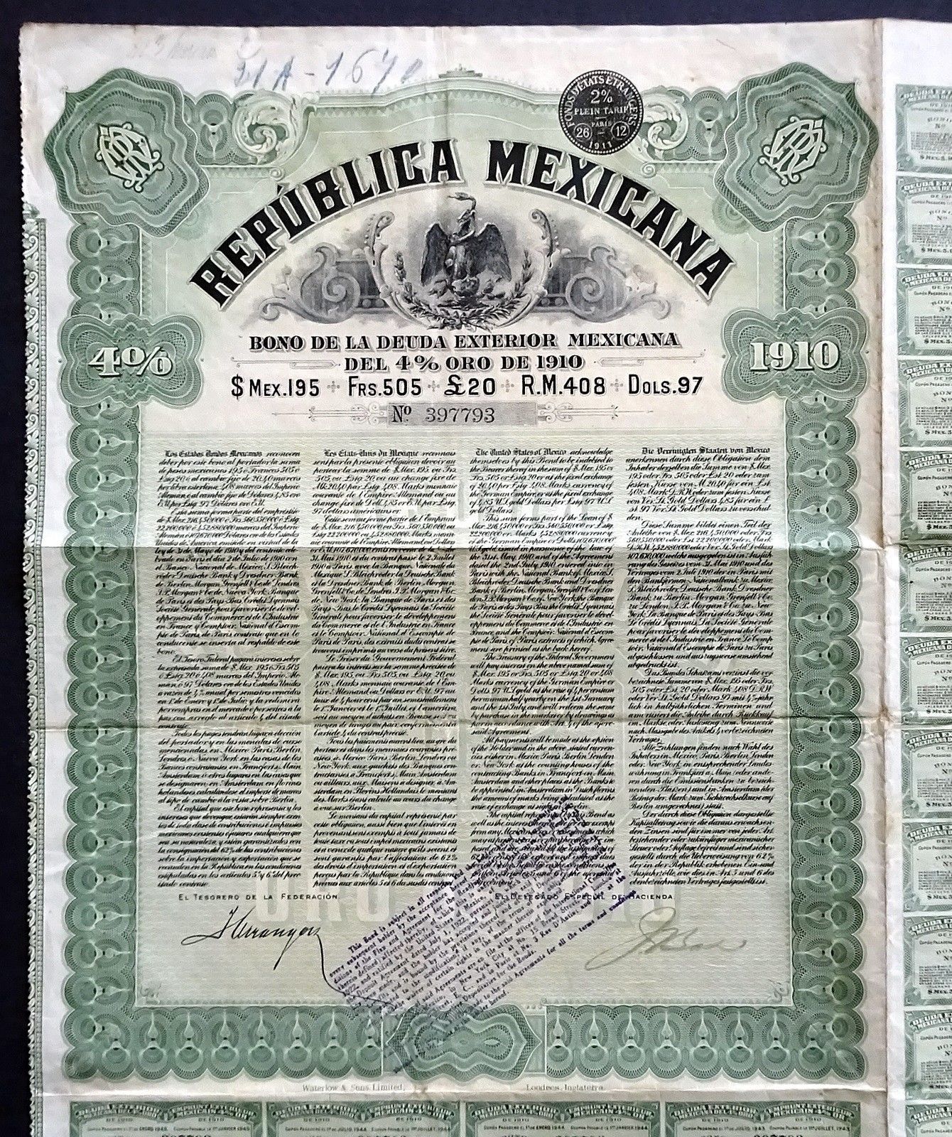 1910 Mexico, Republica Mexicana: Bono de la Deuda Exterior - Exterior Gold Bond