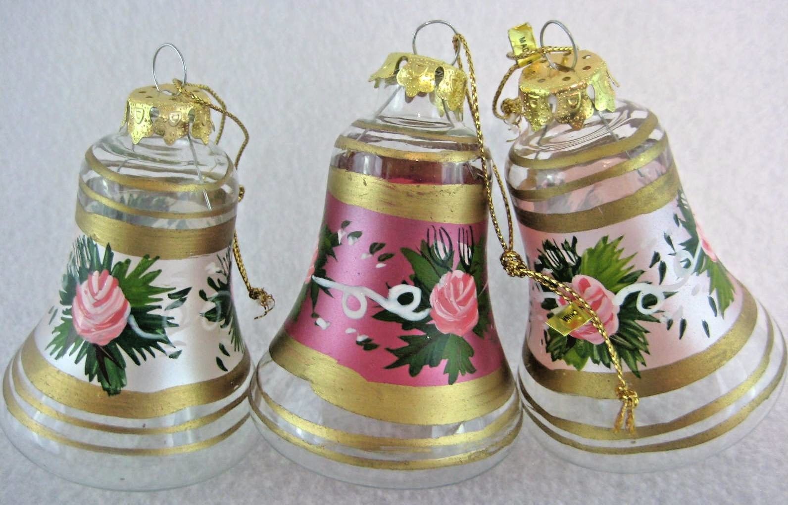 Lot of 3 Vintage Hand blown Glass Bell Ornaments Hand painted