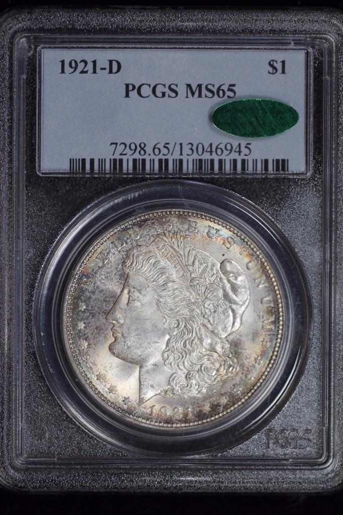 1921 D Morgan Silver Dollar MS65 PCGS CAC Slight Rainbow United States Mint Coin