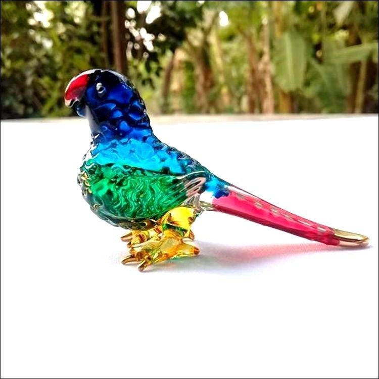 Parrot Bird Crystal Animal 4 Green Gold Glass Figurine Hand Blown Clear Flawles