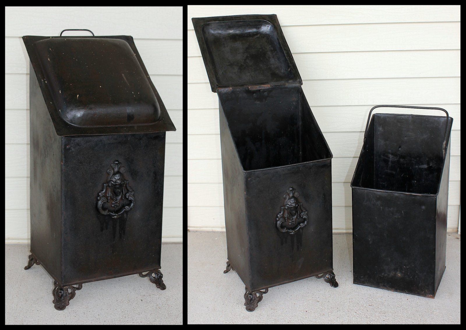 Antique Lion Head Feet Victorian Lady Coal Scuttle Ash Bin Fireplace Hod w Liner