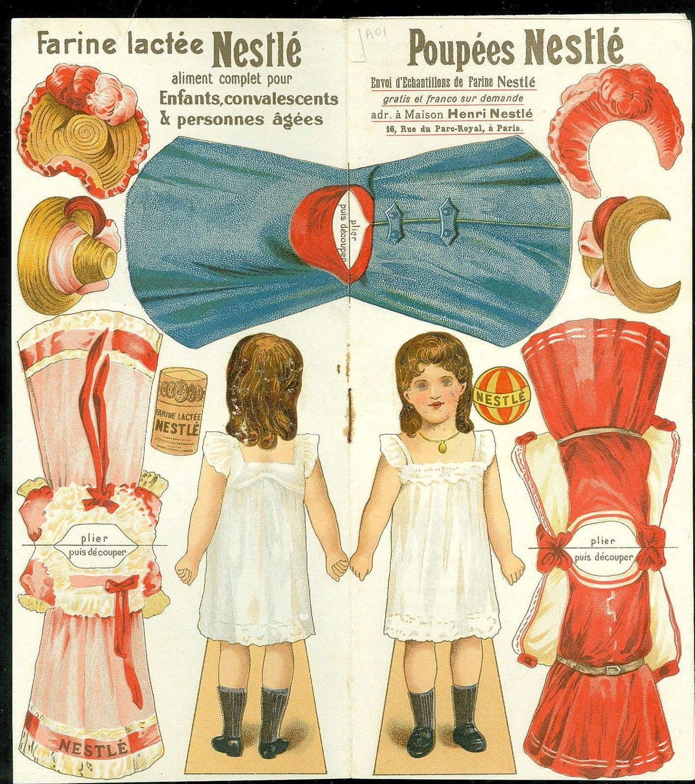 c1920 Farine Lactee Poupees Nestle Advertising Paper Doll  w 3 Costume 4 Hats