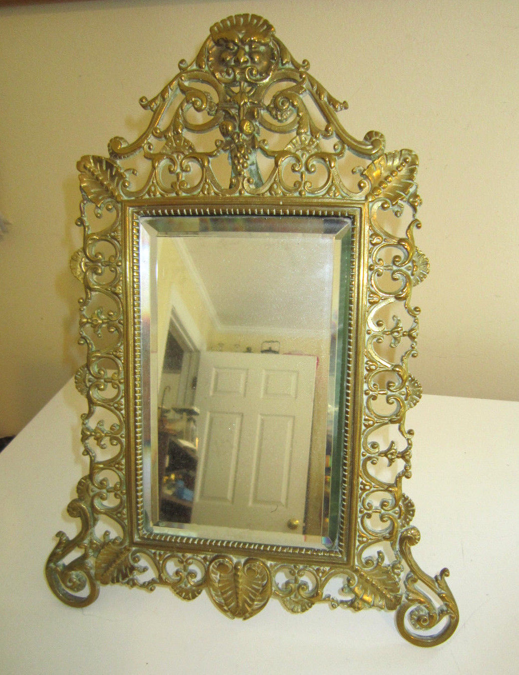 Vintage Brass Ornate Art Nouveau Victorian Beveled Hang or Stand Mirror