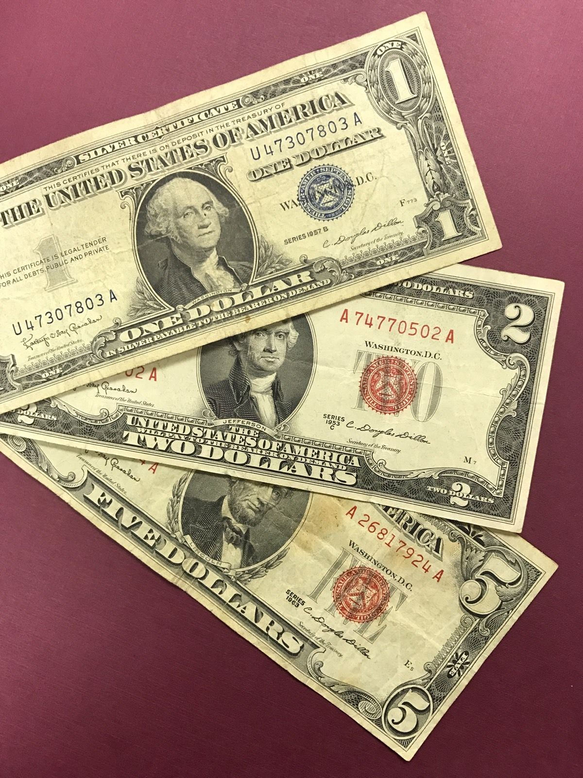 3 Note Paper Money Lot $5, $2, & $1 Red Seal Blue Seal