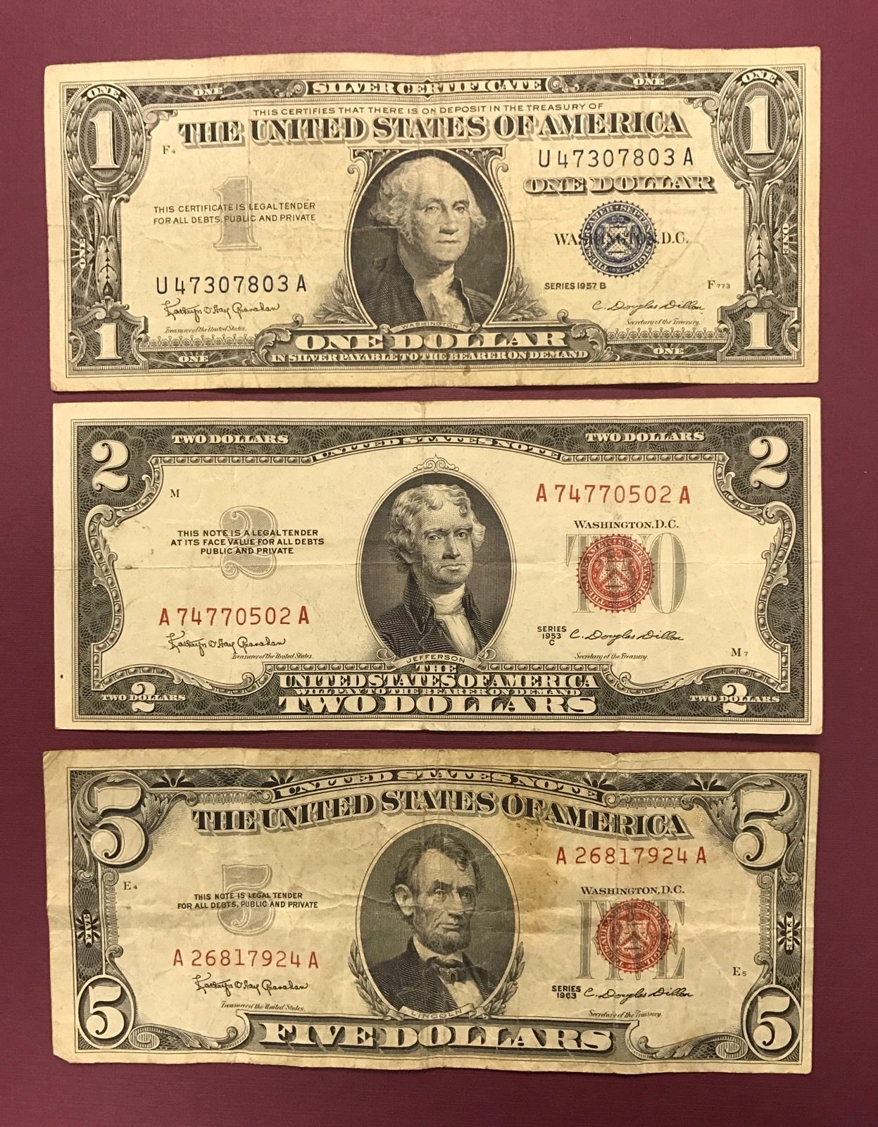 3 Note Paper Money Lot $5, $2, & $1 Red Seal Blue Seal