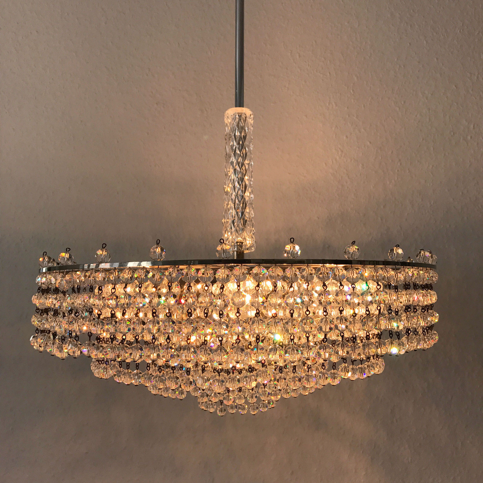 STUNNING Mid Century CHANDELIER Crystal Glass Pearls 6 LIGHTS 4-Tiered PALWA Era