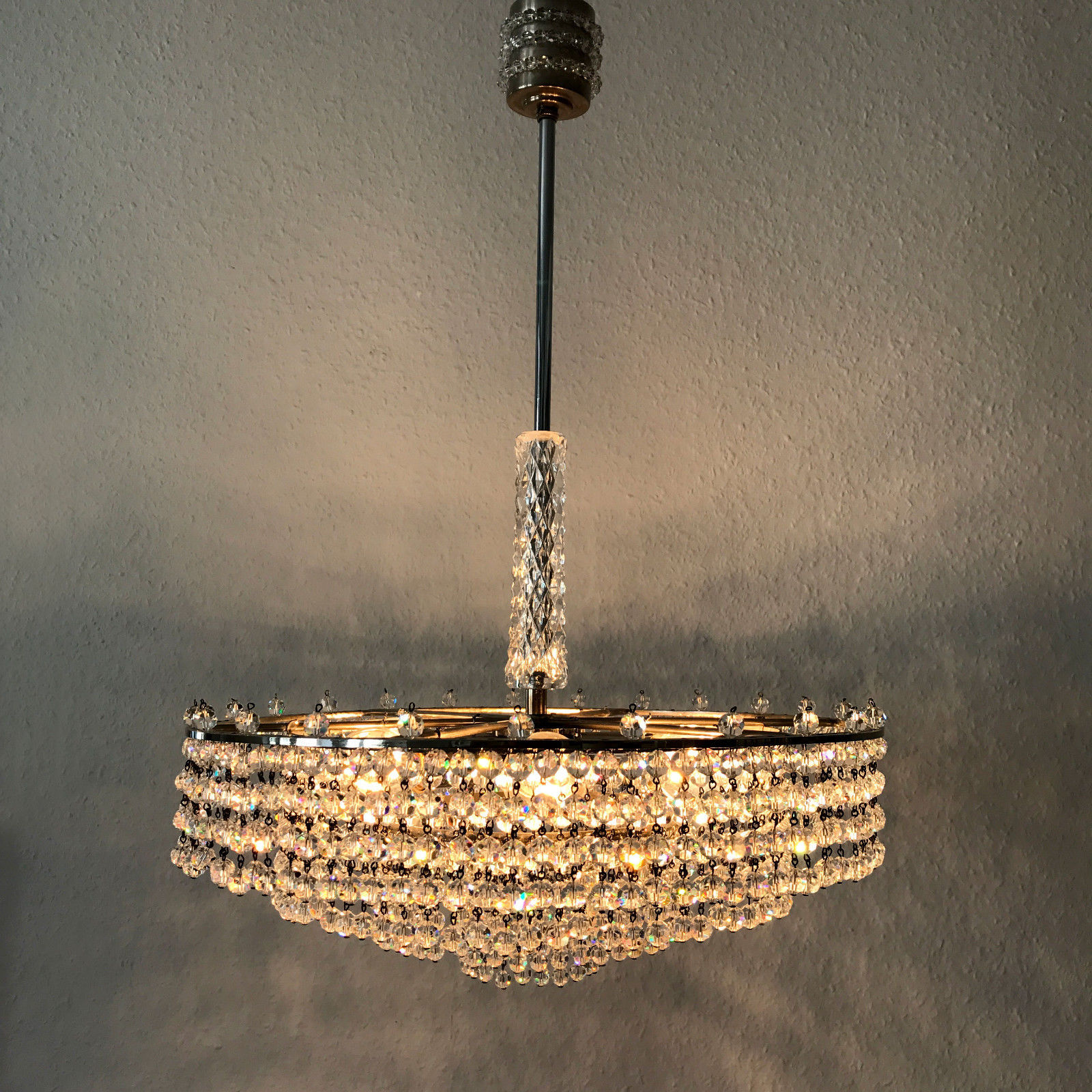 STUNNING Mid Century CHANDELIER Crystal Glass Pearls 6 LIGHTS 4-Tiered PALWA Era